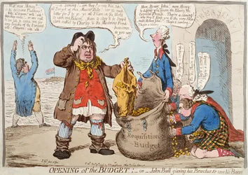 Öppnande av budgeten eller John Bull som ger sina ridbyxor för att rädda sitt bacon, publicerad 17 november 1796